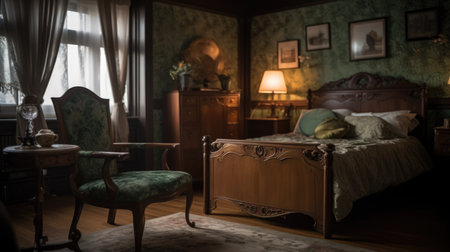 Bedroom decor, home interior design . Art Nouveau Vintage style with Wallpaper decorated with Wood and Brass material . Generative AI AIG26.の素材