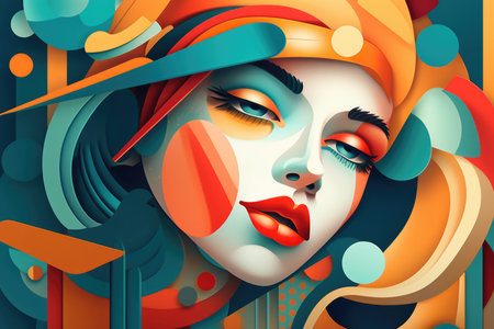 Abstract artwork that uses colorful overlapping shapes to create a portrait of a beautiful female. beautiful Generative AI AIG32の素材