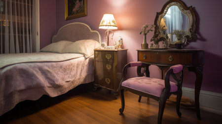 Bedroom decor, home interior design . Art Nouveau Romantic style with Curved Lines decorated with Glass and Ceramic material . Generative AI AIG26.の素材