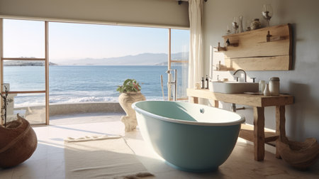 The interior design of vintage bathroom in blue tone color with the ocean view. Generative AI image AIG30.の素材