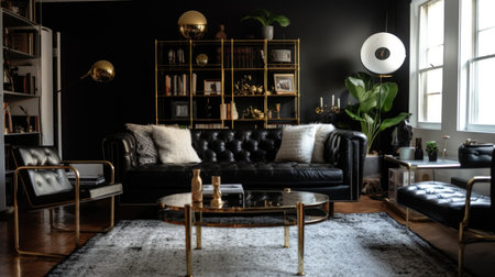 Living room decor, home interior design . Art Deco Industrial style with Floor lamp decorated with Marble and Metal material . Generative AI AIG26.の素材