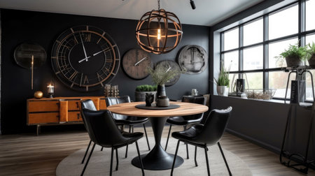 Interior design inspiration of Industrial Mid-century Modern style home dining room loveliness decorated with Metal and Leather material and Edison Bulb Chandelier .Generative AI home interior designの素材