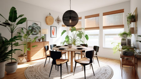 Interior design inspiration of Mid-century Modern Bohemian style home dining room loveliness decorated with Wood and Rattan material and Geometric Rug .Generative AI home interior design .の素材