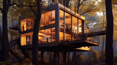 The exterior design of modern and luxurious treehouse in the forest. Generative AI image AIG30.の素材