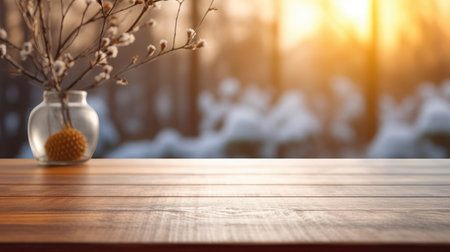 The empty wooden brown table top with blur background of home room in winter. Generative AI image AIG30.の素材