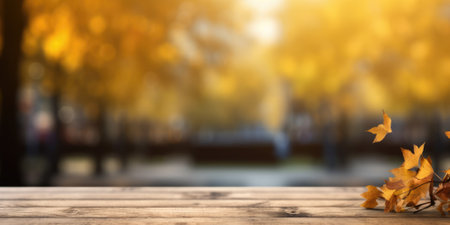 The empty wooden table top with blur background of autumn. Generative AI image AIG30.の素材