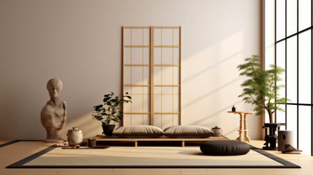 Bedroom decor, home interior design . Japanese Zen style with Tatami Mat decorated with Bamboo and Paper material . Generative AI AIG26.の素材