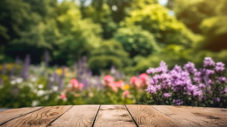 The empty wooden table top with blur background of English garden. Exuberant image.の写真素材
