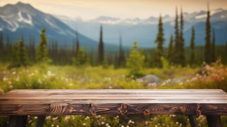 The empty wooden table top with blur background of Alaska nature. Exuberant image.の写真素材