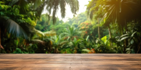 The empty wooden table for product display with blur background of tropical jungle. Exuberant image.の写真素材