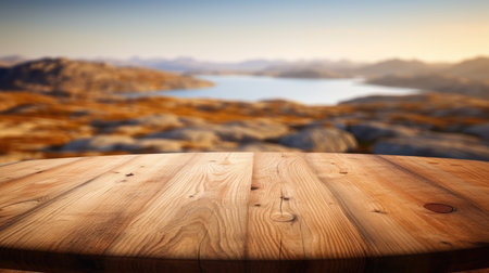 The empty wooden brown table top with blur background of Greenland in summer. Exuberant image.の写真素材