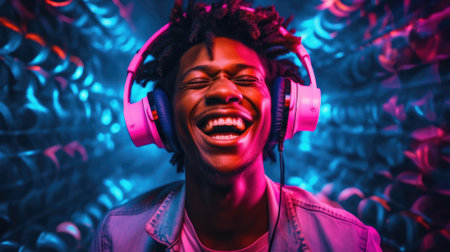 candid shot of an excited young african man party with headphones. beautiful Generative AI AIG32の素材