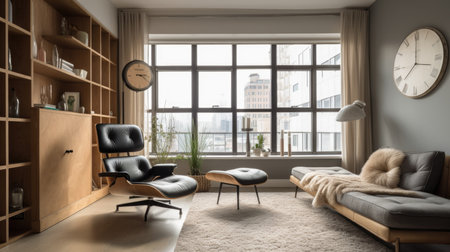 Living room decor, home interior design . Mid-century modern Industrial style with Large window decorated with Wood and Metal material . Generative AI AIG26.の素材