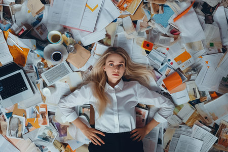 A top view of a young Scandinavian businesswoman lying on the floor that is full of papers and documents in an office scene. Generative AI image AIG30.の素材