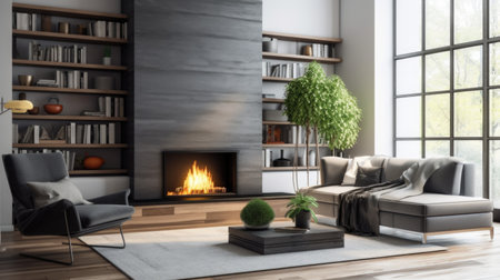 Living room decor, home interior design . Modern Minimalist style with Fireplace decorated with Leather and Wood material . Generative AI AIG26.の素材