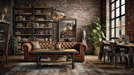 Interior design inspiration of Industrial Rustic style home dining room loveliness decorated with Brick and Leather material and Fireplace .Generative AI home interior design .の素材
