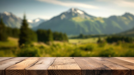 The empty wooden brown table top with blur background of New Zealand nature. Exuberant image.の素材