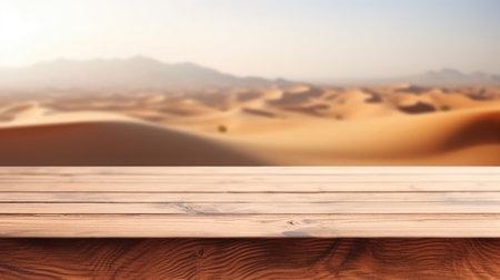 The empty wooden brown table top with blur background of desert dune mountain. Exuberant image.の素材