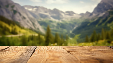 The empty wooden brown table top with blur background of trekking path. Exuberant image.の素材