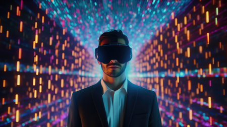 Businessman wearing virtual reality with digital big data transfer from brain to buzzy software showing futuristic technology generative AI imageの素材