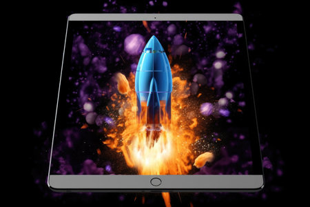 Rocket coming out of tablet screen. beautiful Generative AI AIG32の素材