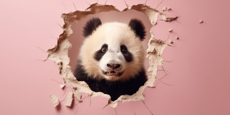 Cute Panda peeking out of a hole in wall, torn hole, empty copy space frame, mockup. Generative AI image weber.の素材