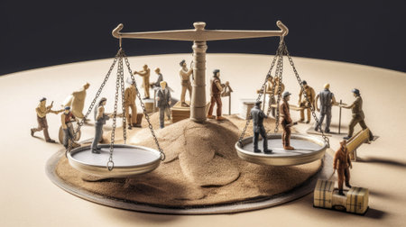 A scale of justice on a table top with workers working in construction site in law concept. beautiful Generative AI AIG32の素材