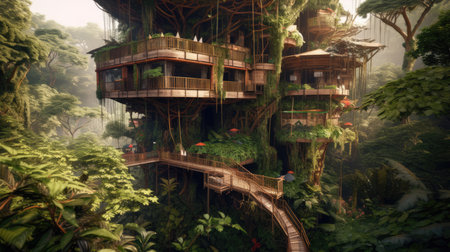 The complex tree house with multiple floors in tropical jungle. Generative AI image AIG30.の素材
