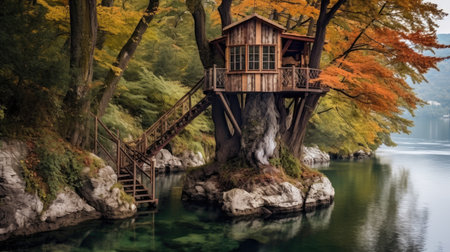 The vintage wooden treehouse exterior at lake Como. Generative AI image AIG30.の素材