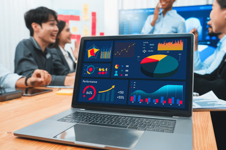 Digital financial BI dashboard data on laptop screen displaying data analysis graph and chart for business growth strategy and marketing indication during team meeting or presentation. Concordの写真素材