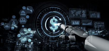 3D rendering artificial intelligence AI research of robot and cyborg development for future of people living. Digital data mining and machine learning technology design for computer brain.の写真素材