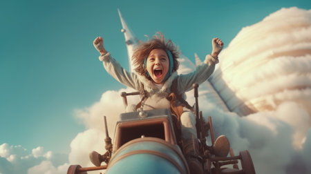 A Girl, excited, flying the rocket above clouds in the sky. Generative AI image weber.の素材