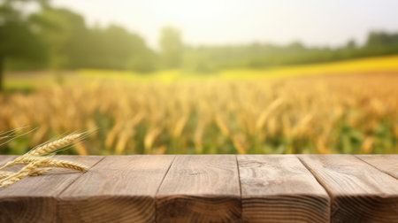 The empty wooden table top with blur background of wheat farm. Generative AI image AIG30.の素材