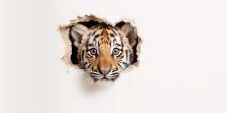 Cute Tiger peeking out of a hole in wall, torn hole, empty copy space frame, mockup. Generative AI image weber.の素材