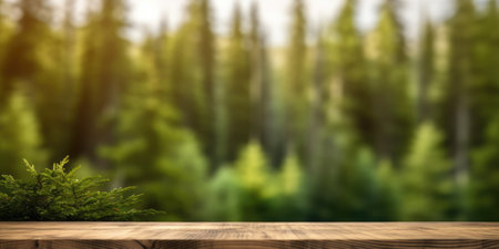The empty wooden table top with blur background of boreal forest. Exuberant image.の写真素材