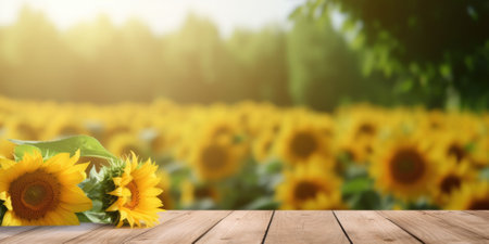 The empty wooden table top with blur background of sunflower field. Generative AI image AIG30.の素材