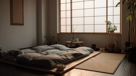 Bedroom decor, home interior design . Japanese Zen style with Tatami Mat decorated with Bamboo and Paper material . Generative AI AIG26.の素材