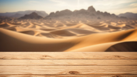 The empty wooden brown table top with blur background of desert dune mountain. Exuberant image.の写真素材