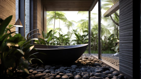 The interior design of wooden and pebbles bathroom style and square bathtub in dark tone color with nature view. Generative AI image AIG30.の素材