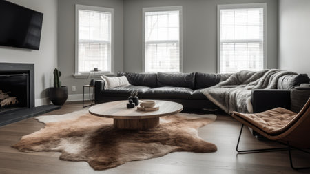 Living room decor, home interior design . Scandinavian Minimalist style with Fireplace decorated with Wood and Leather material . Generative AI AIG26.の素材