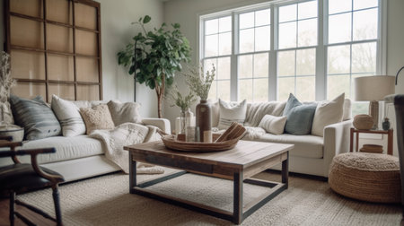 Living room decor, home interior design . Modern Farmhouse Coastal style with Barn Doors decorated with Wood and Rattan material . Generative AI AIG26.の素材