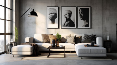 Living room decor, home interior design . Minimalist Industrial style with Large Artwork decorated with Concrete and Metal material . Generative AI AIG26.の素材