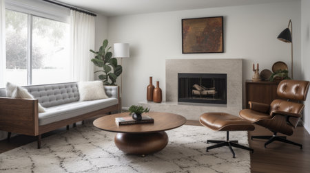 Living room decor, home interior design . Mid-Century Modern Scandinavian style with Fireplace decorated with Walnut Wood and Leather material . Generative AI AIG26.の素材