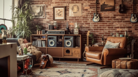 Living room decor, home interior design . Industrial Bohemian style with Exposed brick wall decorated with Leather and Wood material . Generative AI AIG26.の素材