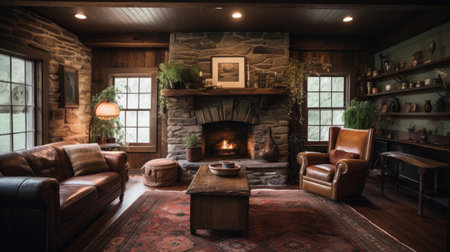 Living room decor, home interior design . Rustic Farmhouse style with Fireplace decorated with Wood and Stone material . Generative AI AIG26.の素材