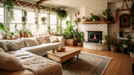 Living room decor, home interior design . Scandinavian Bohemian style with Fireplace decorated with Wood and Textile material . Generative AI AIG26.の素材