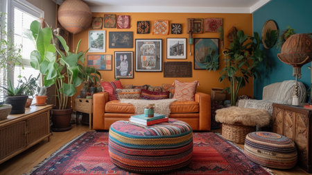 Living room decor, home interior design . Bohemian Eclectic style with Gallery wall decorated with Rattan and Macrame material . Generative AI AIG26.の素材