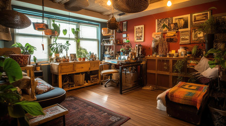 Inspiring office interior design Bohemian style Creative space featuring Eclectic decor architecture. Generative AI AIG 31.の素材