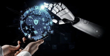 3D rendering artificial intelligence AI research of robot and cyborg development for future of...