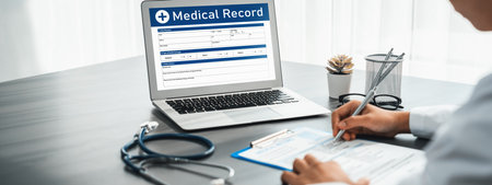 Doctor carefully review detailed medical report on laptop and diagnosing illness for effective...